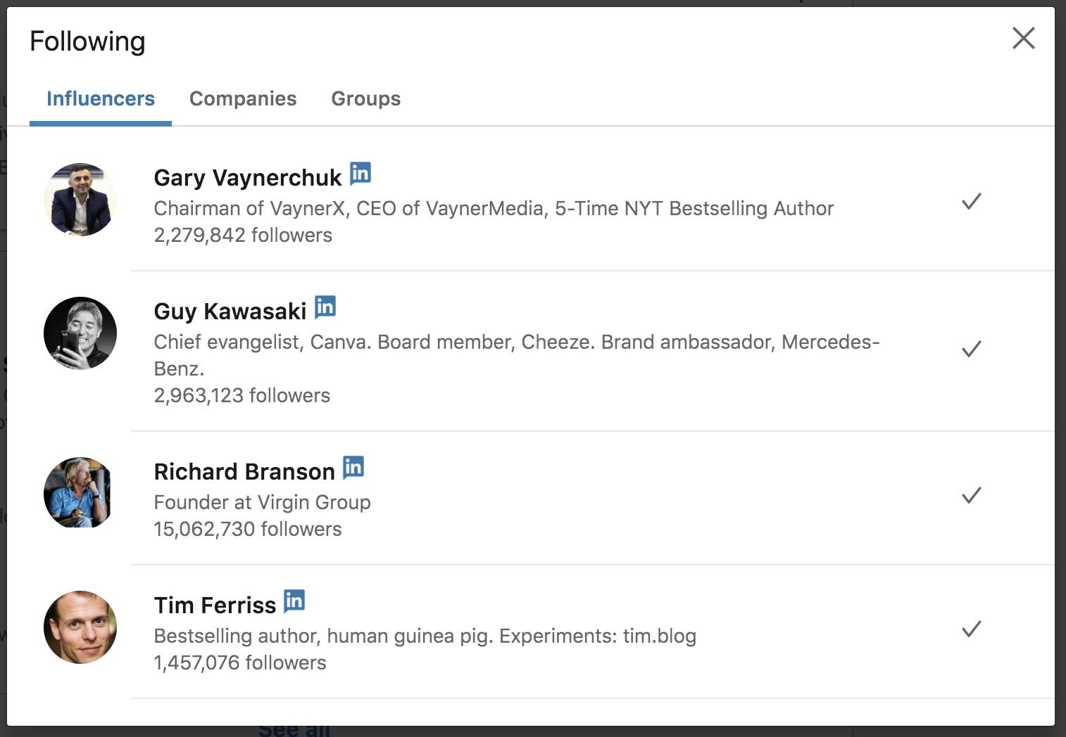 LinkedIn Followers list including Gary Vaynerchuk