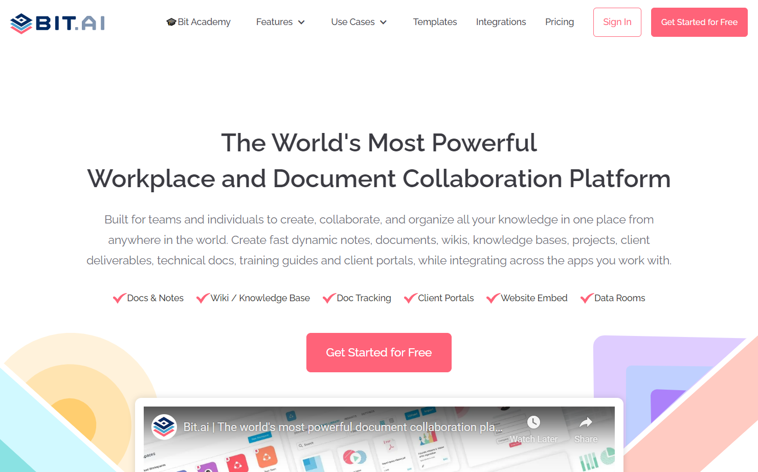 Bit.ai homepage with text saying “The World’s Most Powerful Workplace and Document Collaboration Platform.”