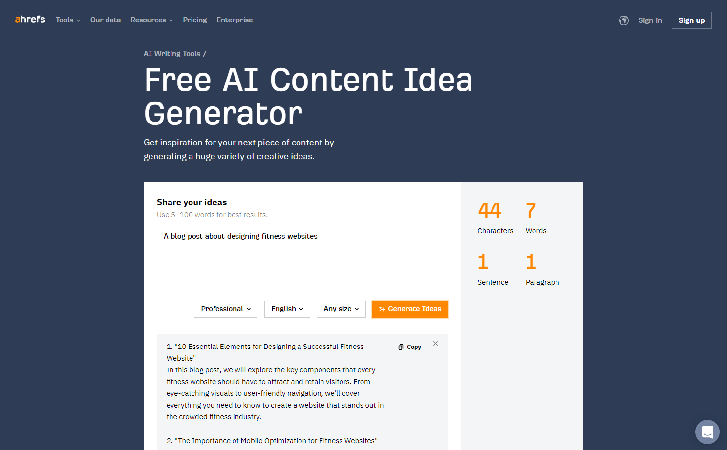 Ahrefs Content Idea Generator screen showing a large input field with text saying “a blog post about designing fitness websites.”