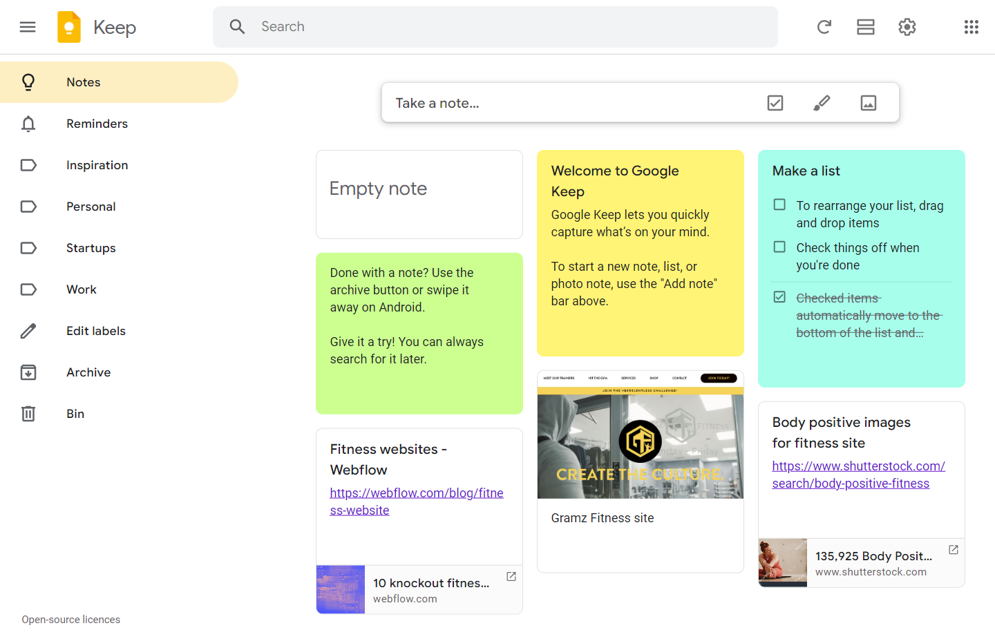 Google Keep screen with fitness website design notes.