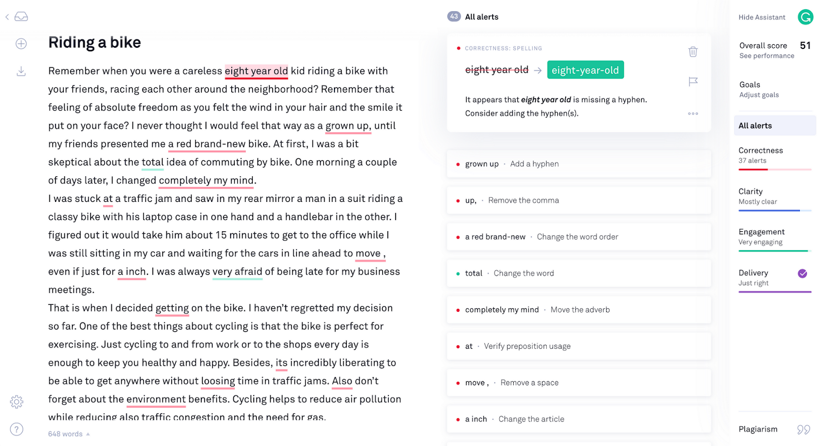 Grammarly app analyzing text about riding a bike.