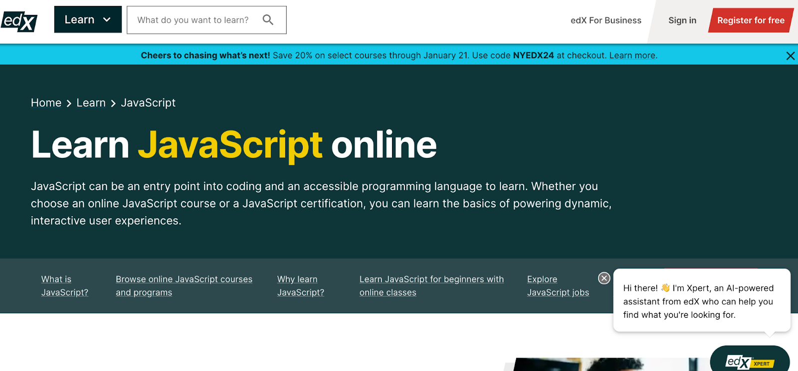 Screenshot of Javascript course on edX