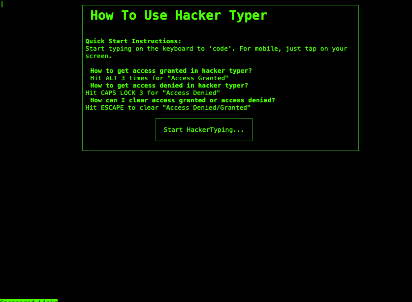 Hacker Typer website displays a green terminal simulator screen with instructions on how to use the online simulator.