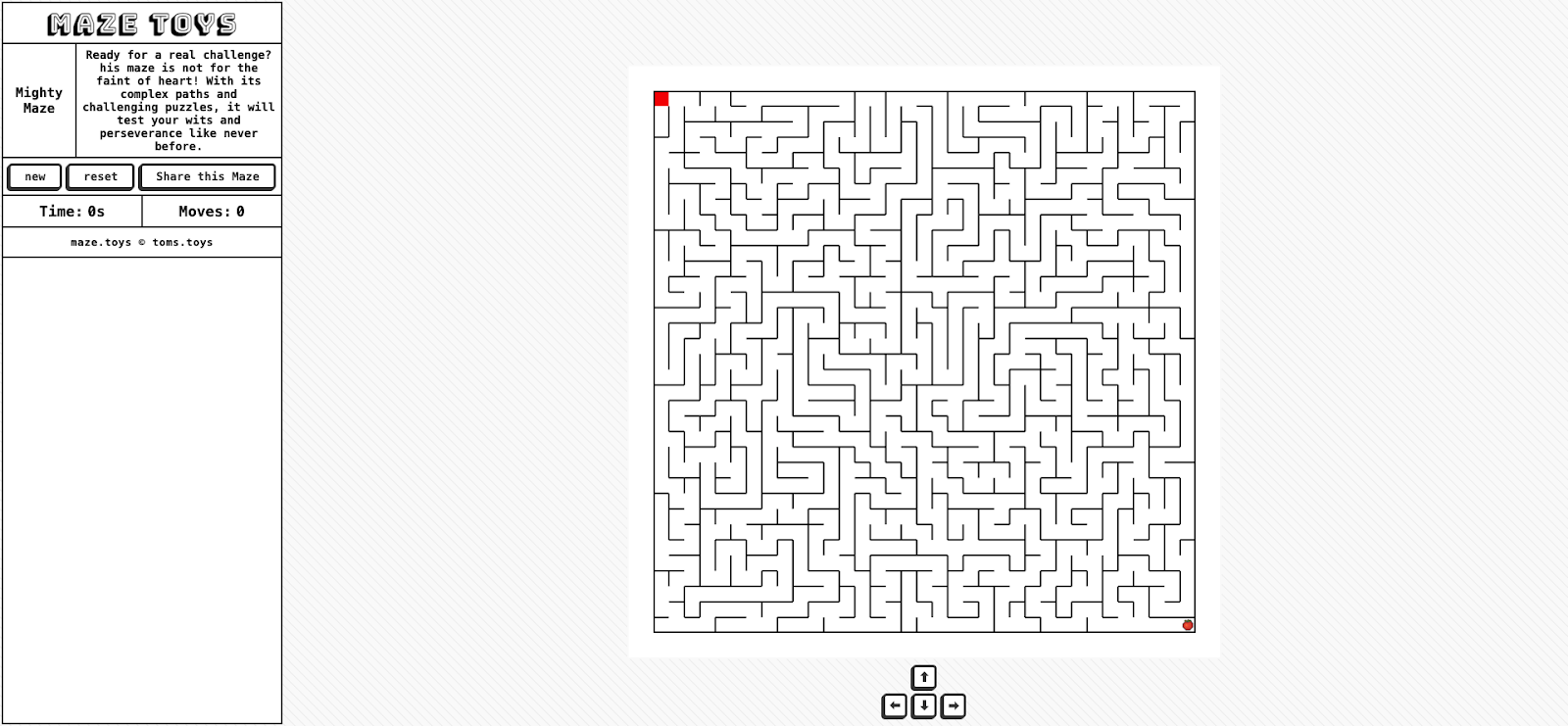 Bird's eye view of a digital maze game with endless meandering walls and start and endpoints indicated in red.