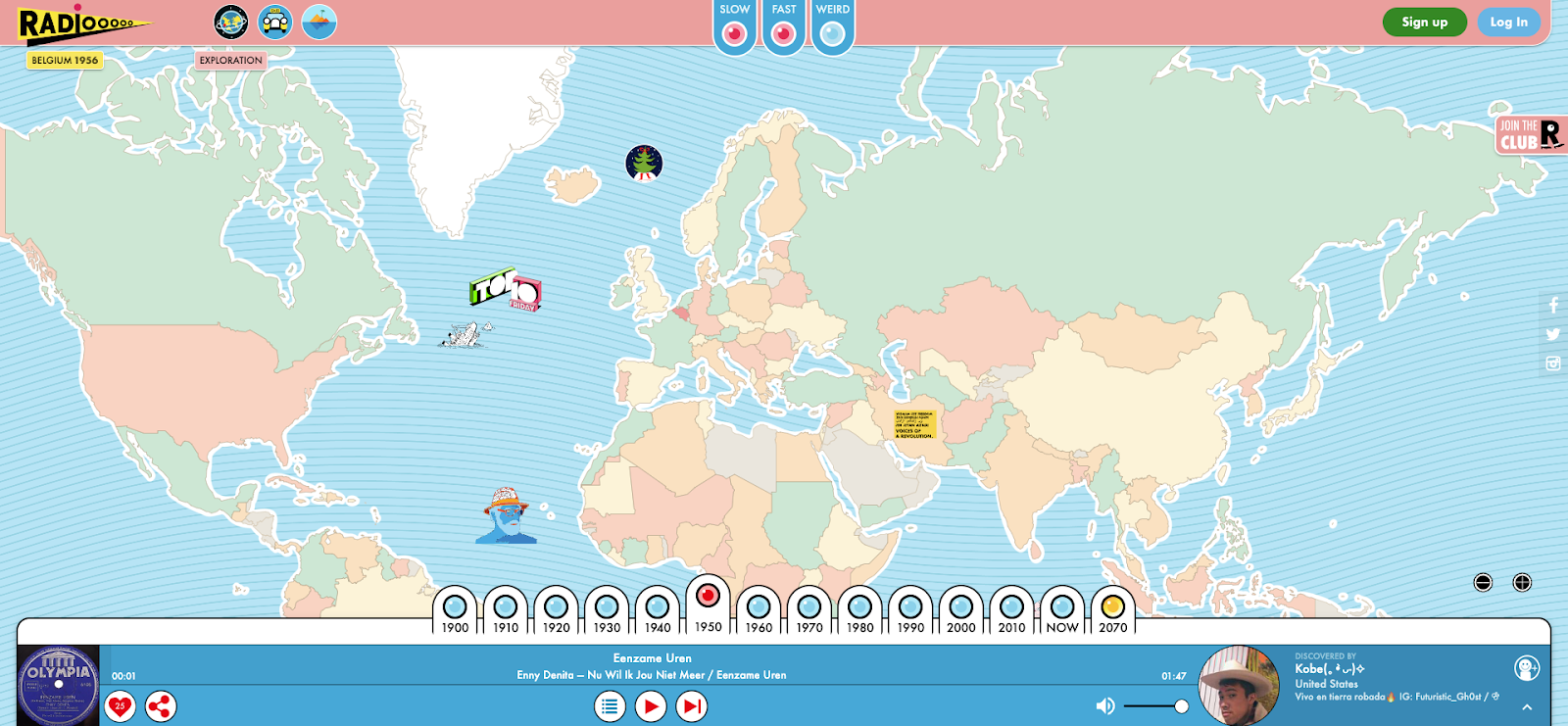 Interactive world map with iconography, music playback controls, and timestamps from 1900s to 2070 overlaid.