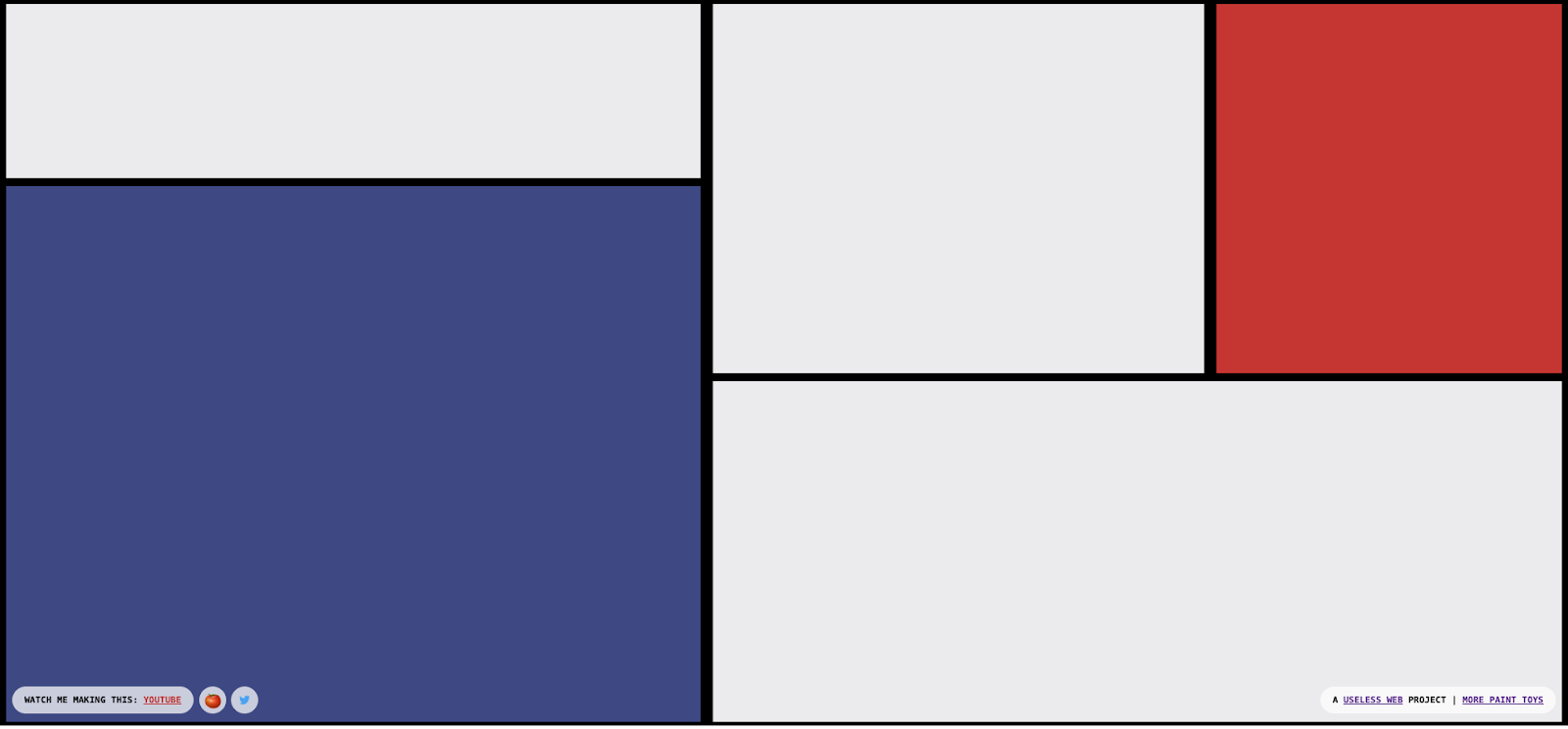 One blue, one red and three white squares overlap a canvas, creating an abstract geometric composition.