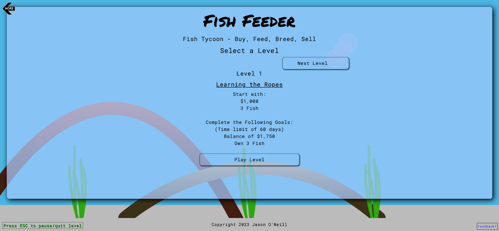 Online game 'Fish Feeder' features a blue fish tank with rising bubbles, green swaying seaweed, text instructions, and buttons to select and play a level.