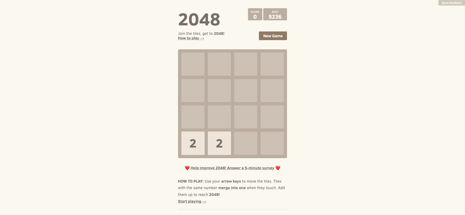 Web game 2048 features a beige background with 16 brown-beige square tiles arranged side-by-side on a 4x4 grid with instructions on how to play.