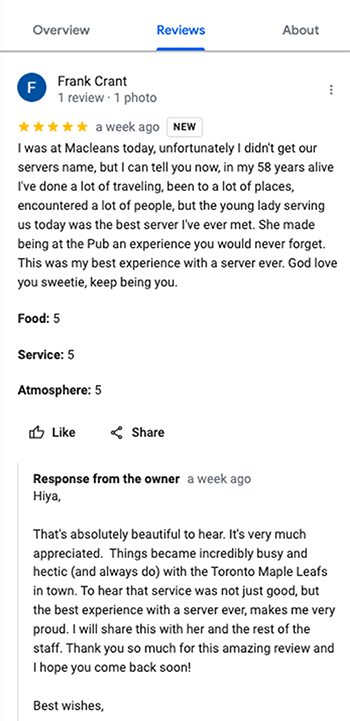 Screenshot of a 5-star Google review by Frank Crant, praising a server named Maggie's service at Macleans. The review rates Food, Service, and Atmosphere all 5 stars, with a reply from the owner expressing gratitude.