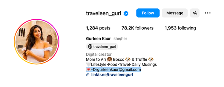 Screenshot of an Instagram profile for user traveleen_gurl, who has 1,284 posts, 78.2K followers, and is following 1,953 accounts. The bio includes personal and professional information.