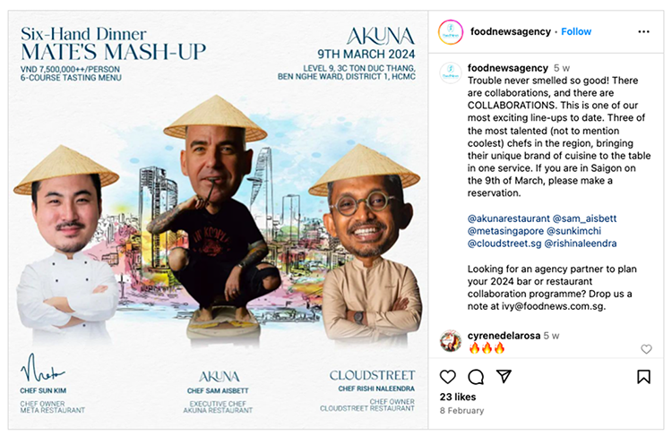 Promotional image for a Six-Hand Dinner event featuring caricatures of three chefs, with details about the event date, location, and how to make reservations at Akuna Restaurant in Ho Chi Minh City.