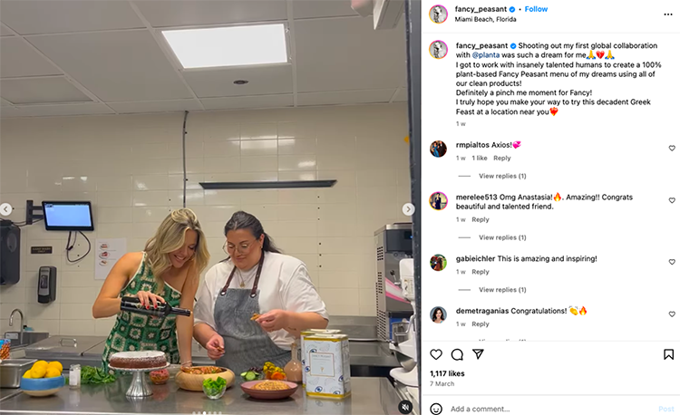 Two women in a kitchen prepare a dish together. Ingredients and kitchen tools are on the counter. Text overlay in the image contains various social media captions and comments.