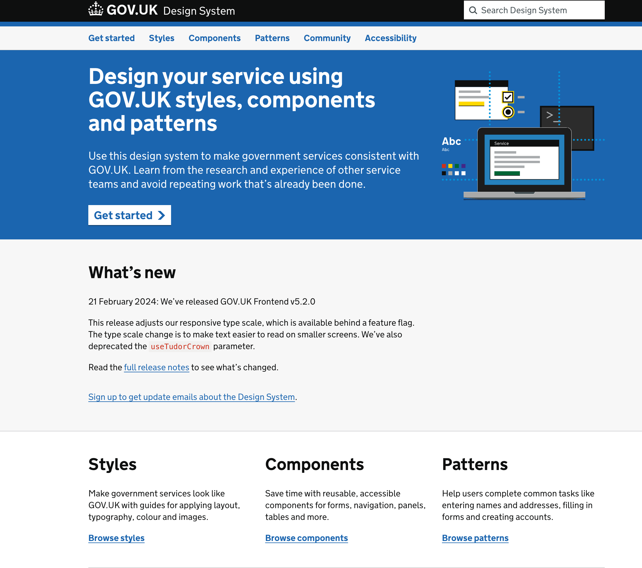 GOV.UK's design system web page