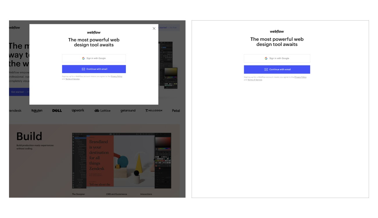 An image of two screenshots showing Webflow’s old lightbox CTA with a background overlay on the left and its new lightbox CTA without an overlay on the right.