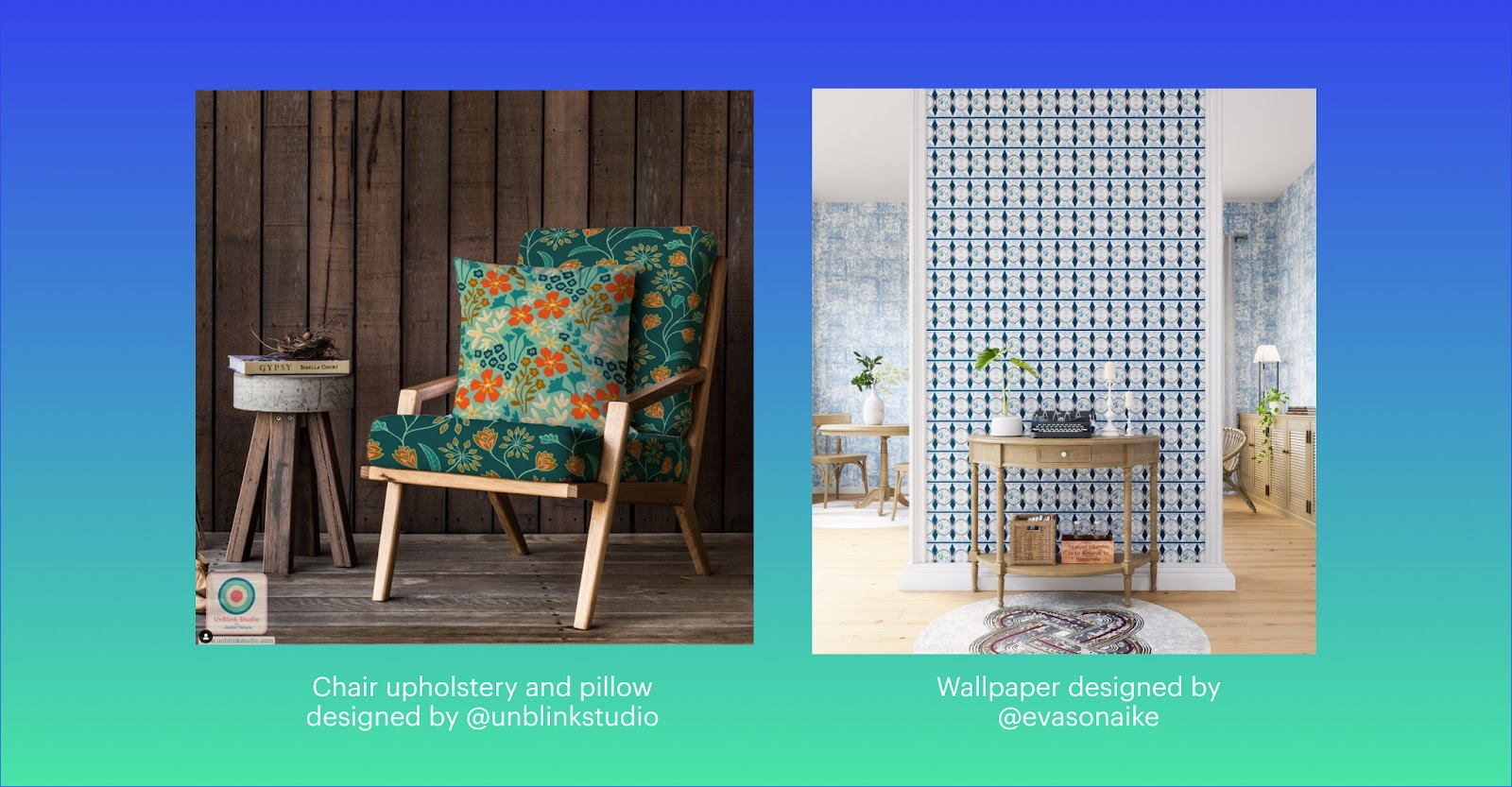 An image of a chair upholstery and pillow designed by @unblinkstudio and a wallpaper designed by @evasonaike.