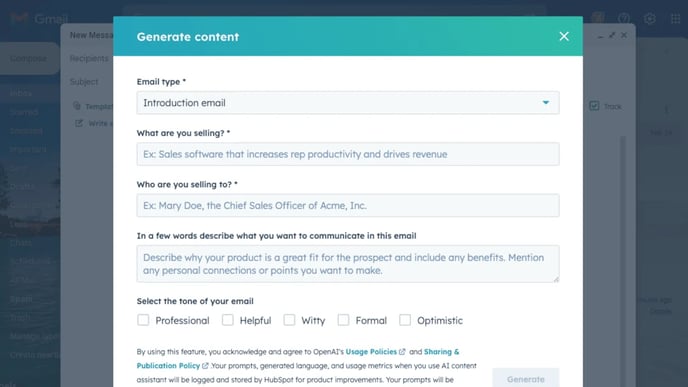 hubspot AI email writer interface