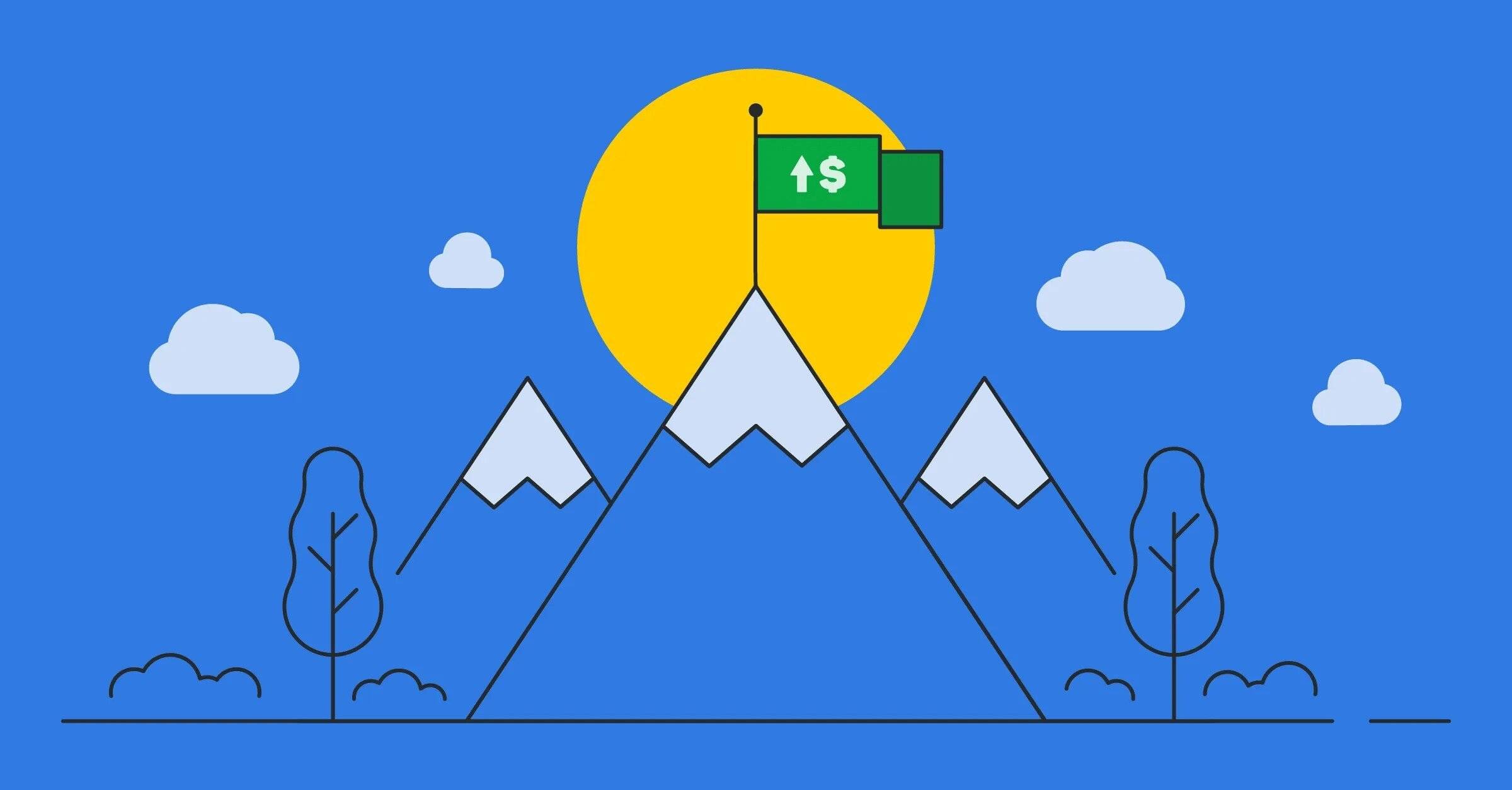 Mountain range with a green flag with a dollar sign on it.
