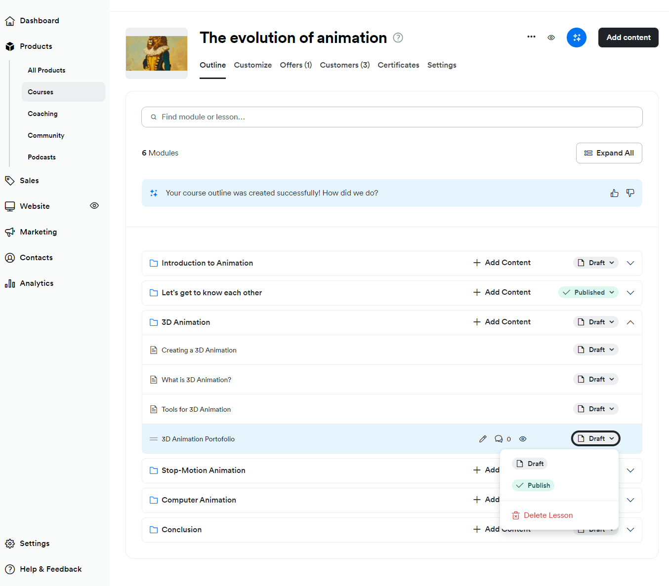 Editing a course on Kajabi, how the UI looks and the options for changing lessons and activities.