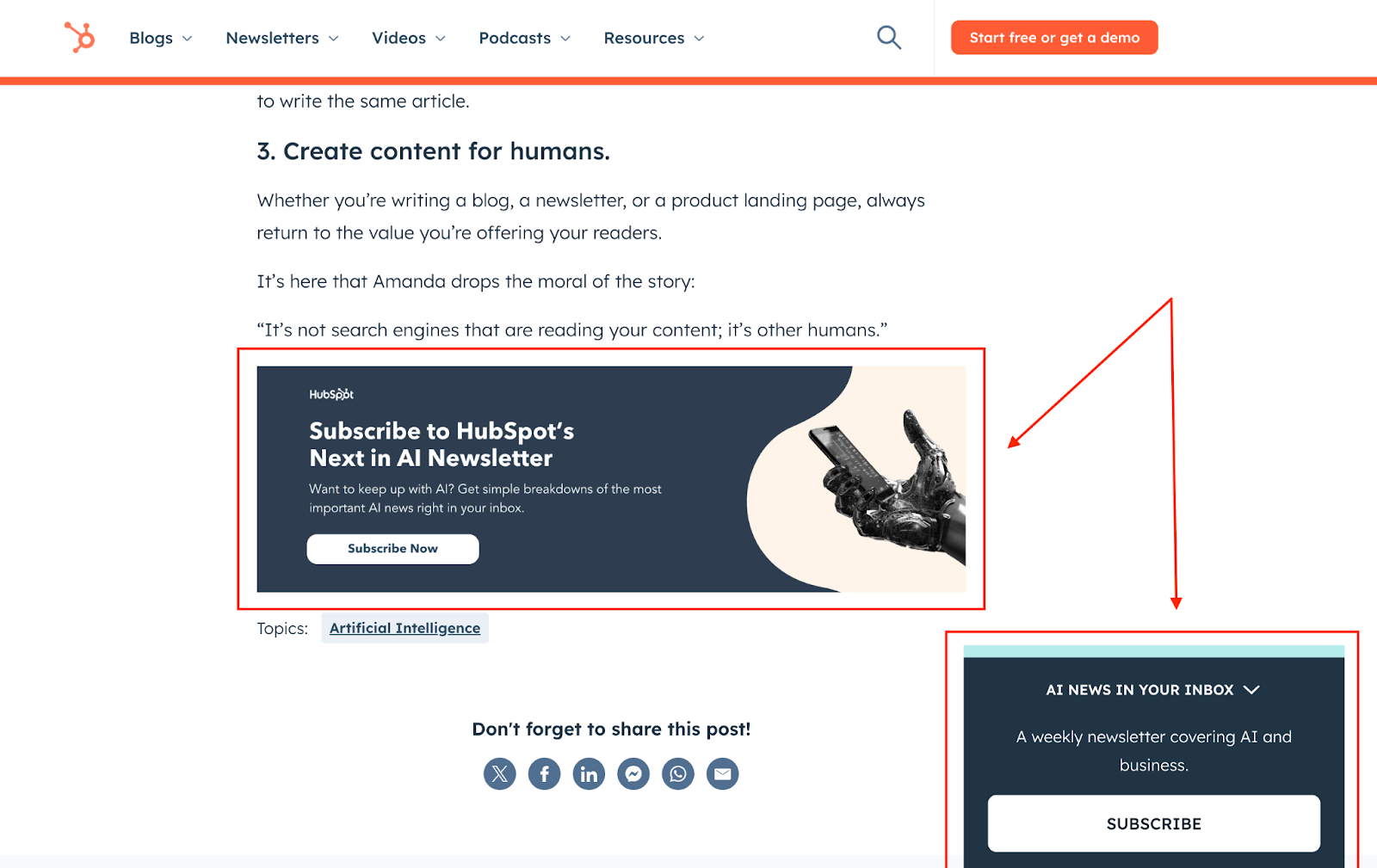 Screenshot of HubSpot blog showing CTAs