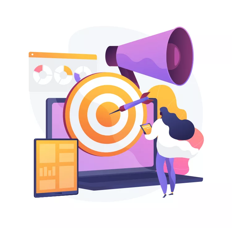Illustration of a person analyzing data on a laptop with a target board and a loudspeaker, symbolizing goal setting and marketing strategy. Various charts and graphs are also displayed.