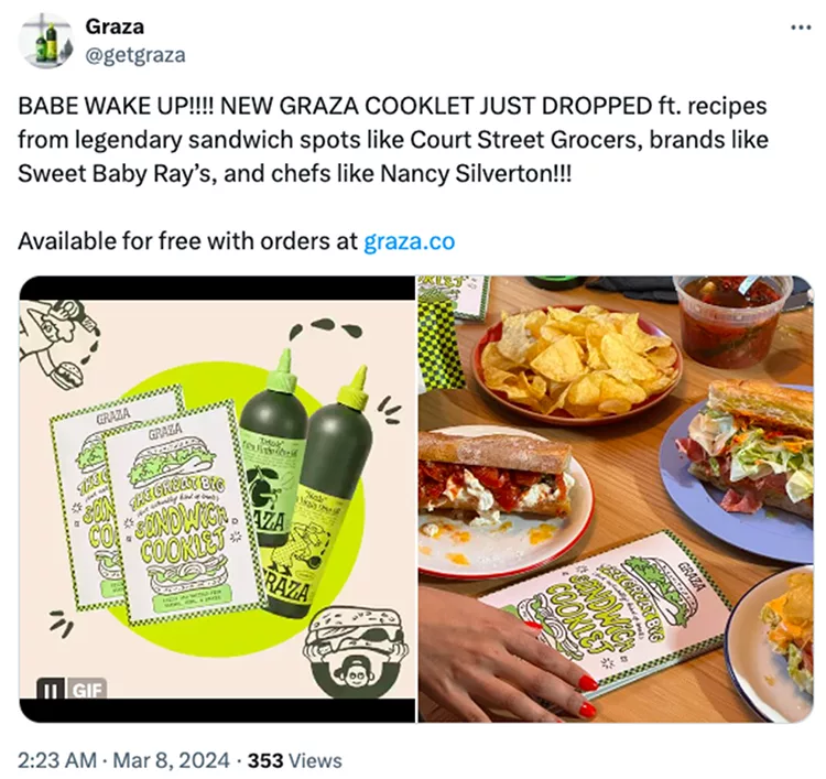 Split image promoting new Graza cooklet with sauces and food. Left side shows cooklet cover and two bottles of sauce. Right side shows hands holding cooklet, with sandwiches, chips, and drink on a table.