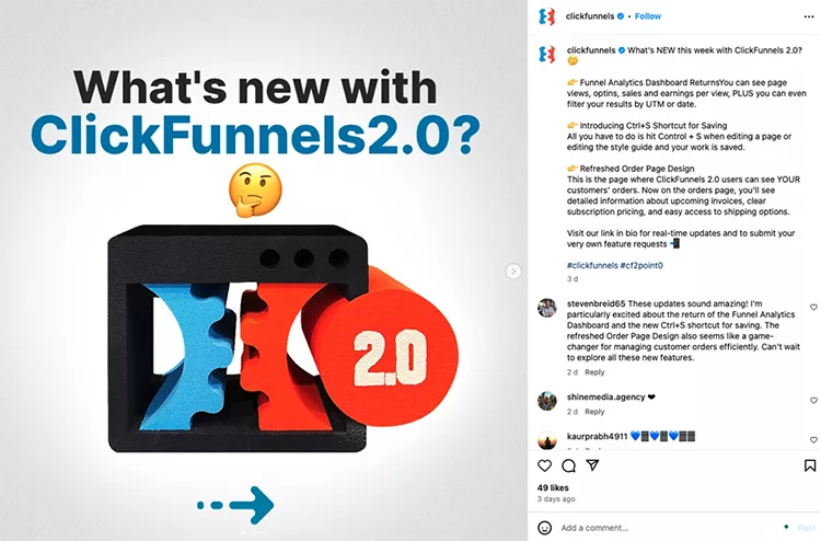 Image of a social media post by Clickfunnels about the new features in ClickFunnels 2.0, including an enhanced analytics dashboard and a custom order page design. The post includes a 3D graphic with gears.