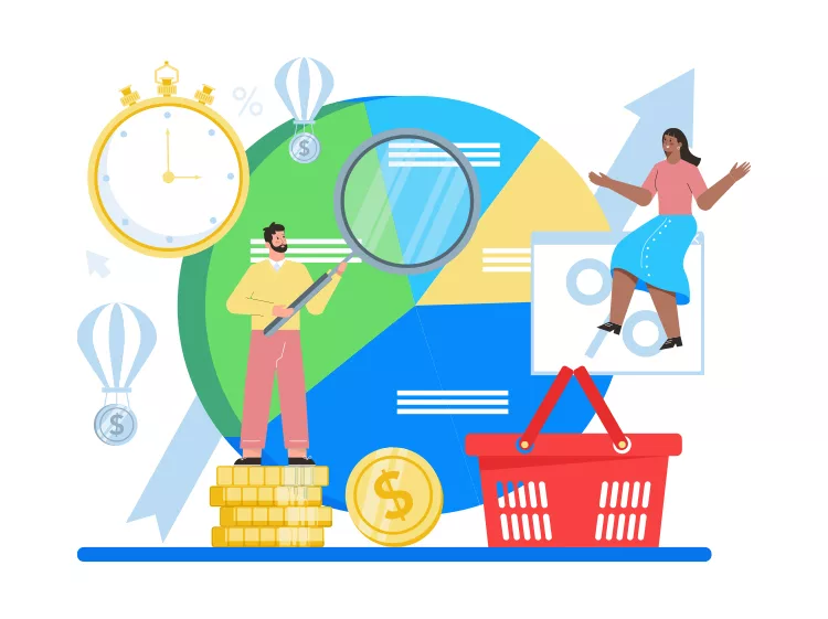 Illustration of a man with a magnifying glass analyzing a pie chart, a woman sitting on a floating percentage symbol, a stopwatch, stacked coins, shopping basket, and upward arrow in the background.