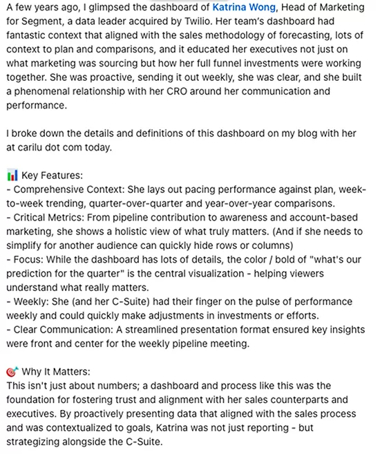 Text document describing a marketing professional's data dashboard, its key features, and why it's an important tool for internal communication and performance tracking within a company.