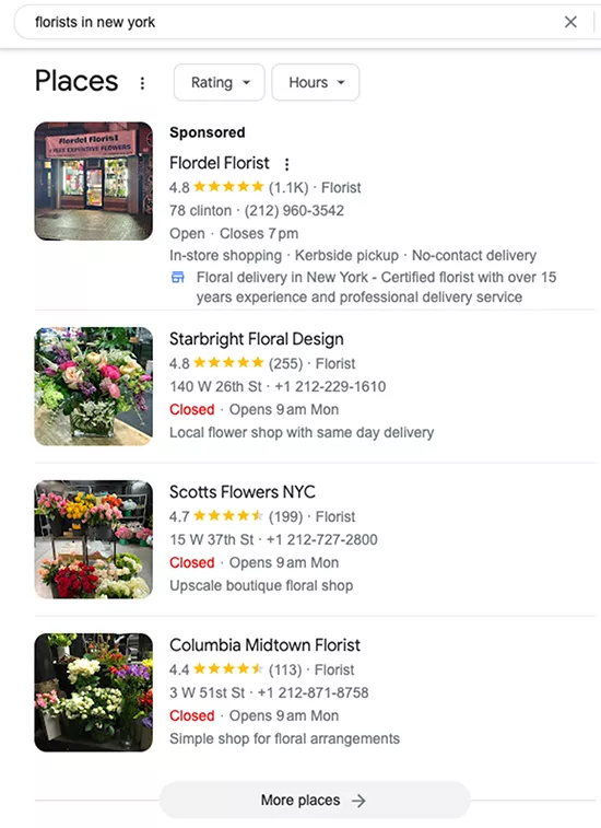 Google search results page listing four florists in New York with their ratings, addresses, phone numbers, opening hours, and some photos of flowers. The first result is a sponsored listing.