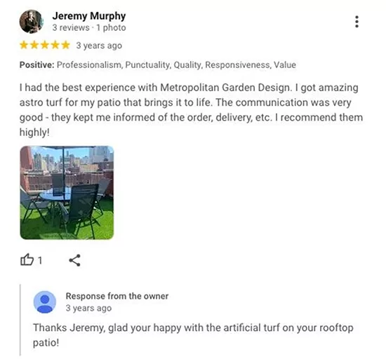 A 5-star review by Jeremy Murphy praising a garden design service for their astro turf installation, followed by a thankful response from the owner. The review text is positive and detailed.