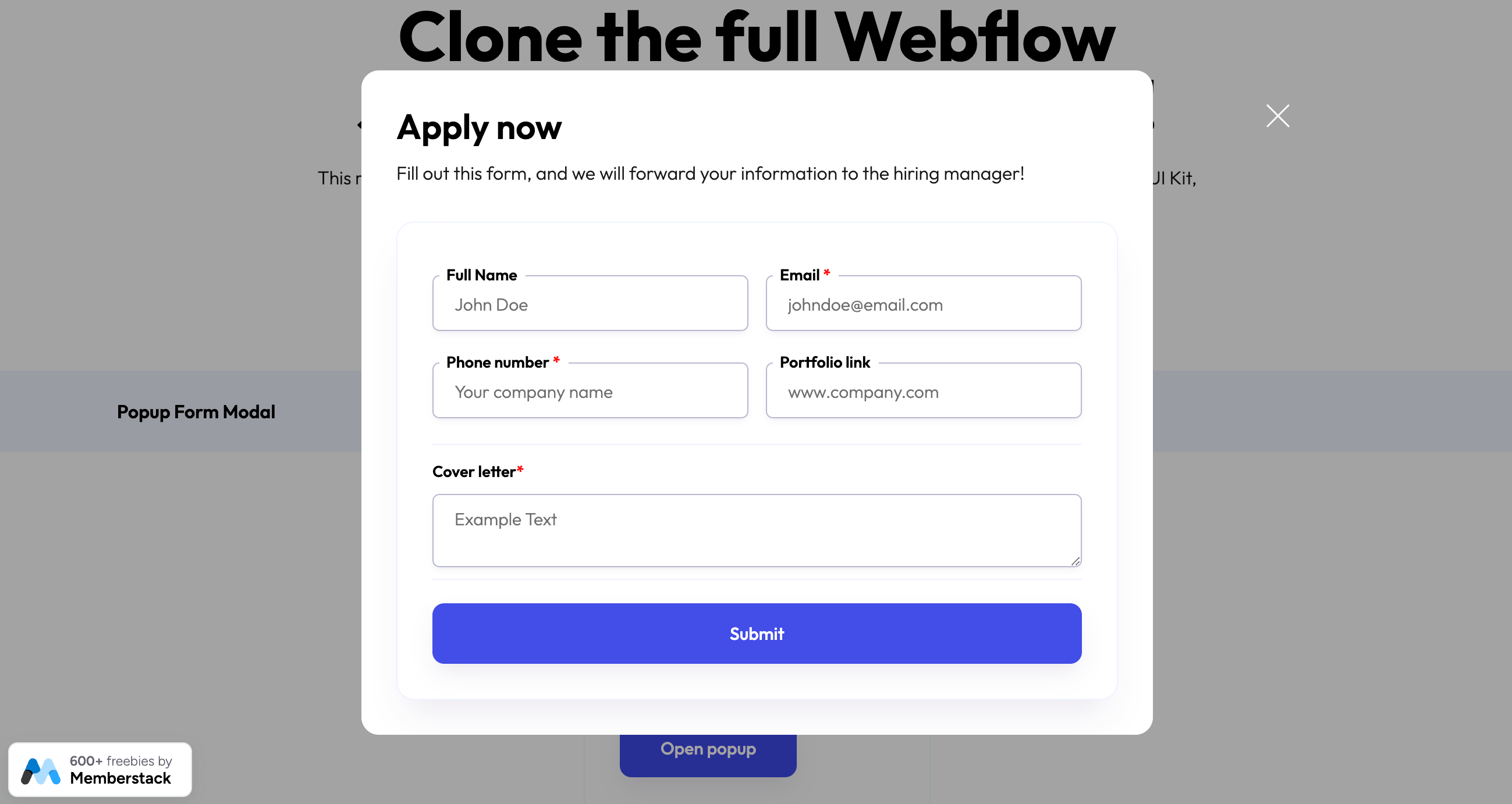 Popup contact form template in Webflow