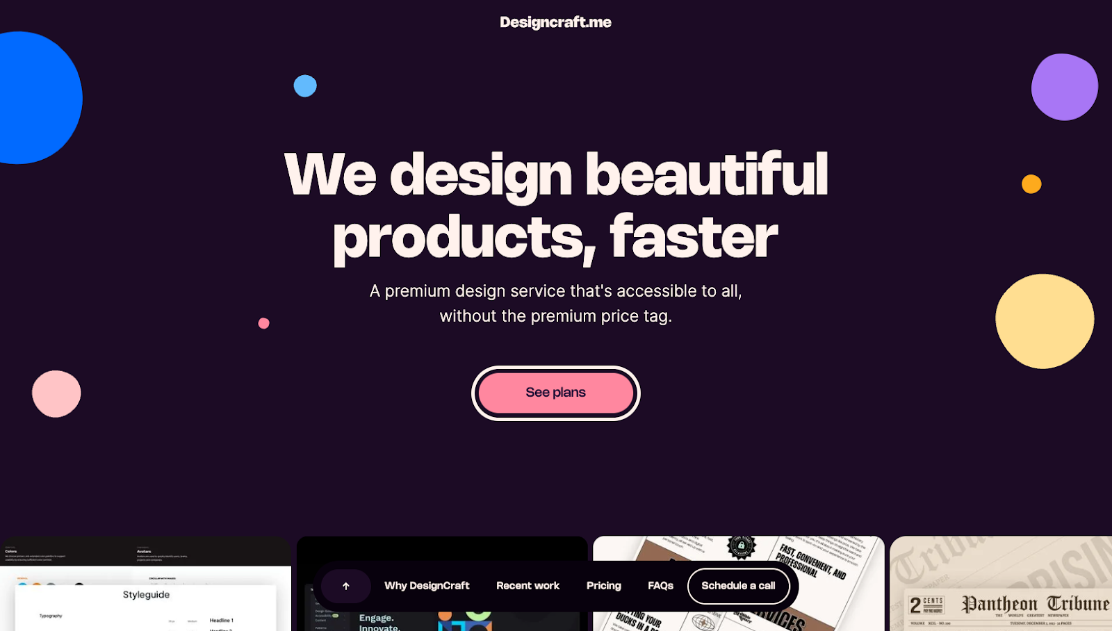 Screenshot of DesignCraft's one page website.