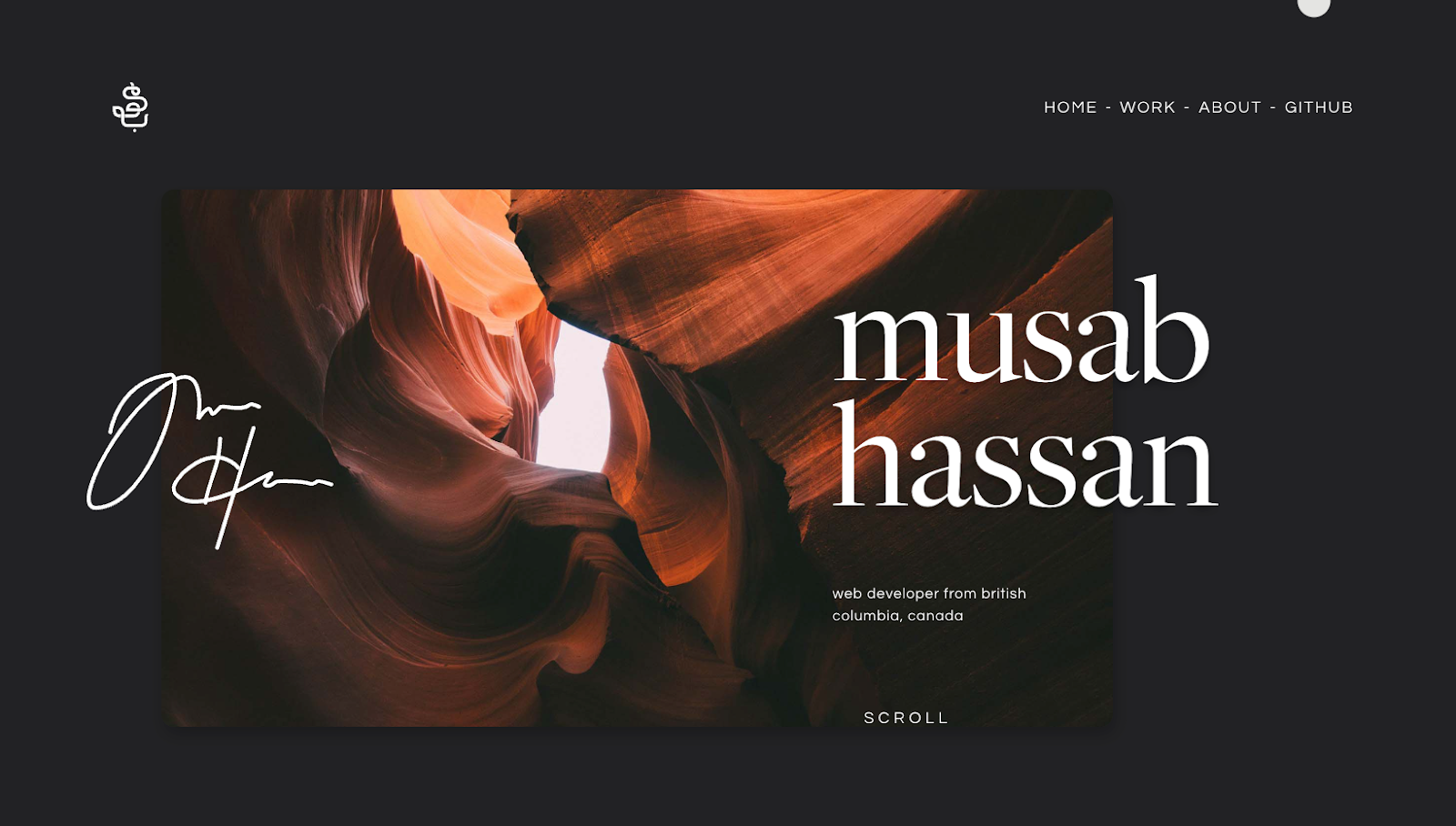 Screenshot of the Musab Hassan's one page portfolio website.