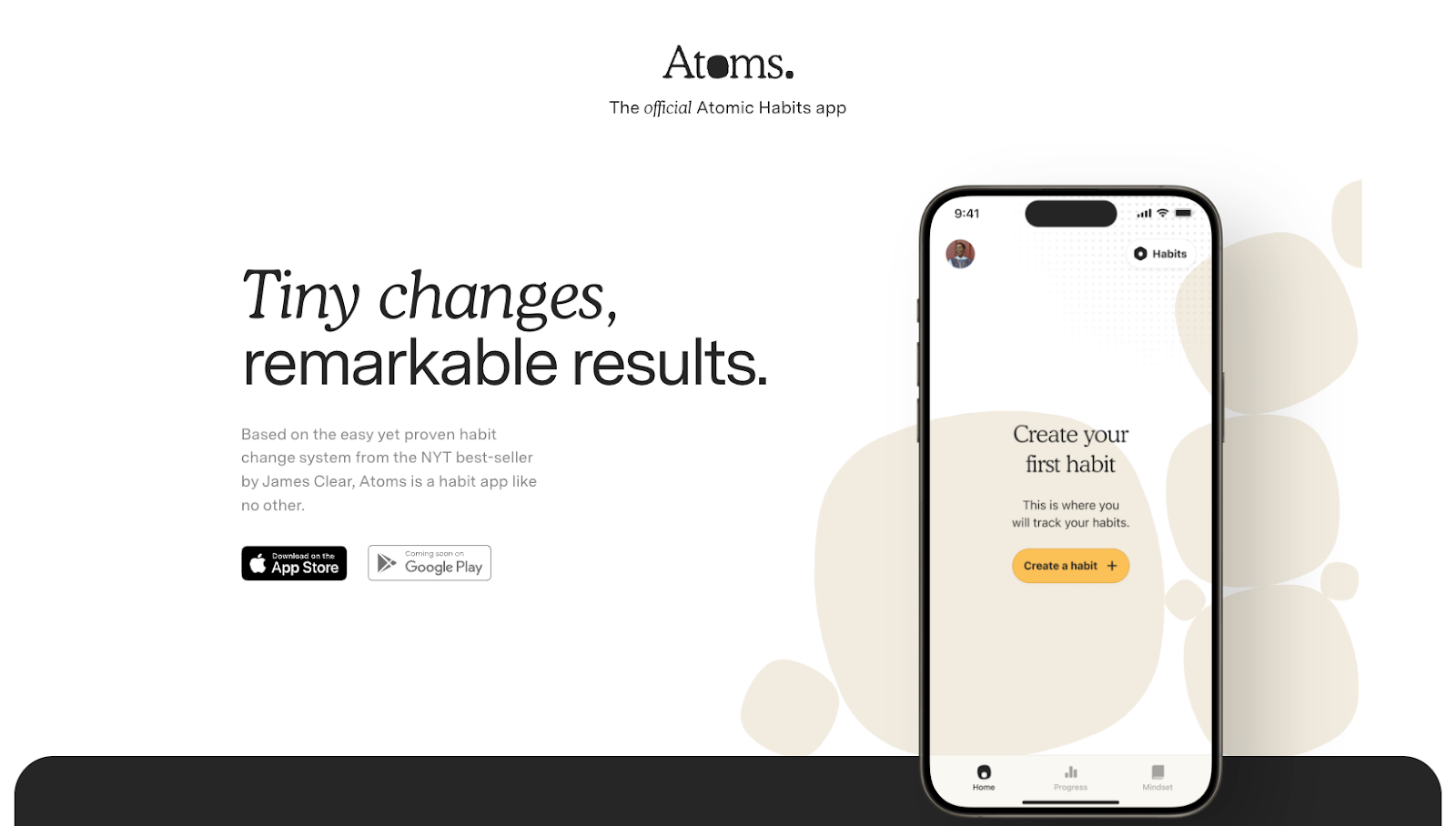 Screenshot of the Atoms app one page website.