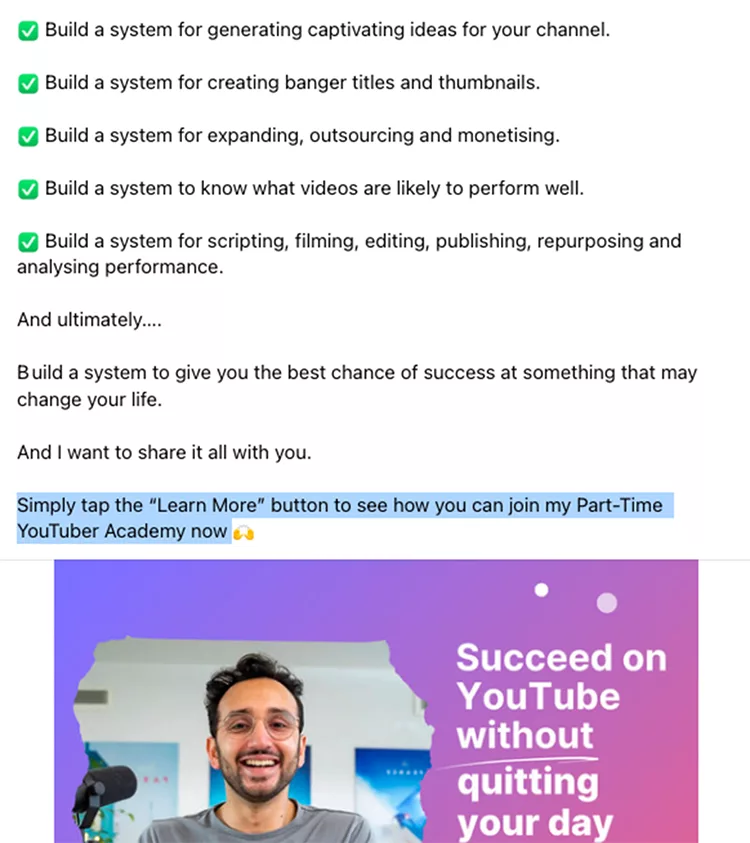 Screenshot of a promotional graphic offering a step-by-step guide to succeeding on YouTube. The image includes a list of benefits, a call-to-action button, and a person standing in front of a microphone.