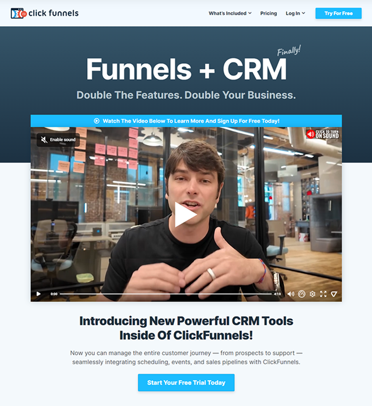 Screenshot of a ClickFunnels webpage promoting a new CRM tool, featuring a video of a man speaking and a call to action button for starting a free trial.