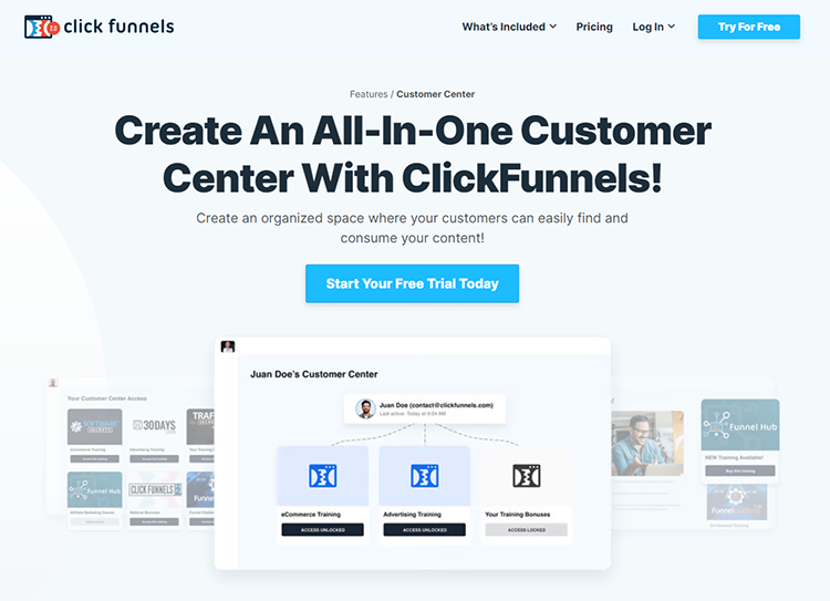 Screenshot of ClickFunnels website promoting their all-in-one customer center feature with a headline, a call-to-action button for a free trial, and a visual representation of the customer center interface.