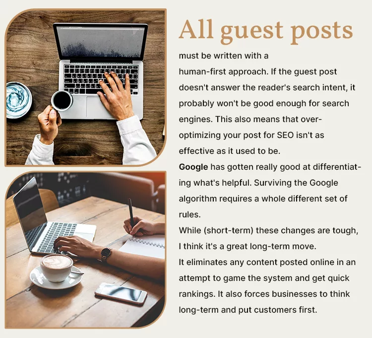 Two images of persons working on laptops. The top image shows someone typing on a laptop with a notebook beside. The bottom image shows someone using a laptop at a coffee shop with a cup of coffee. Text on the right explains the importance of creating quality guest posts for SEO and Google's search algorithm.