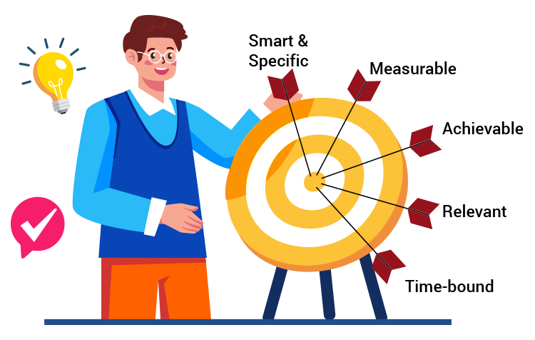 Illustration of a person pointing to a target labeled with SMART goals: Specific, Measurable, Achievable, Relevant, Time-bound. A lightbulb and a checkmark are also present in the image.