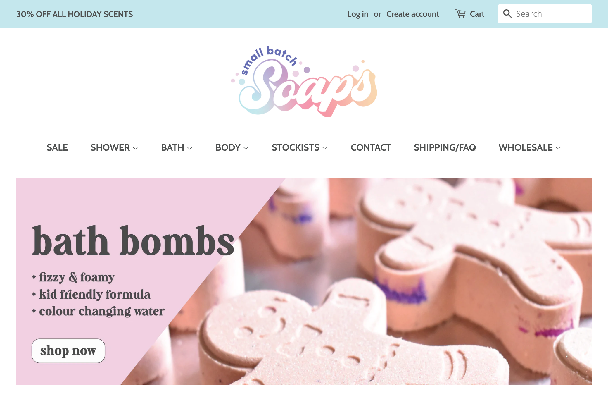 Homepage for Small Batch Soaps' website as an example of how to start a bath bomb business