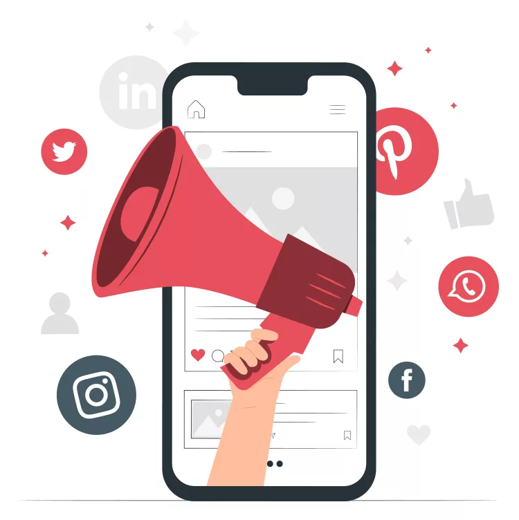 Illustration of a smartphone with a hand holding a megaphone emerging from its screen. Social media icons such as Instagram, Twitter, LinkedIn, Pinterest, WhatsApp, and Facebook are displayed around it.