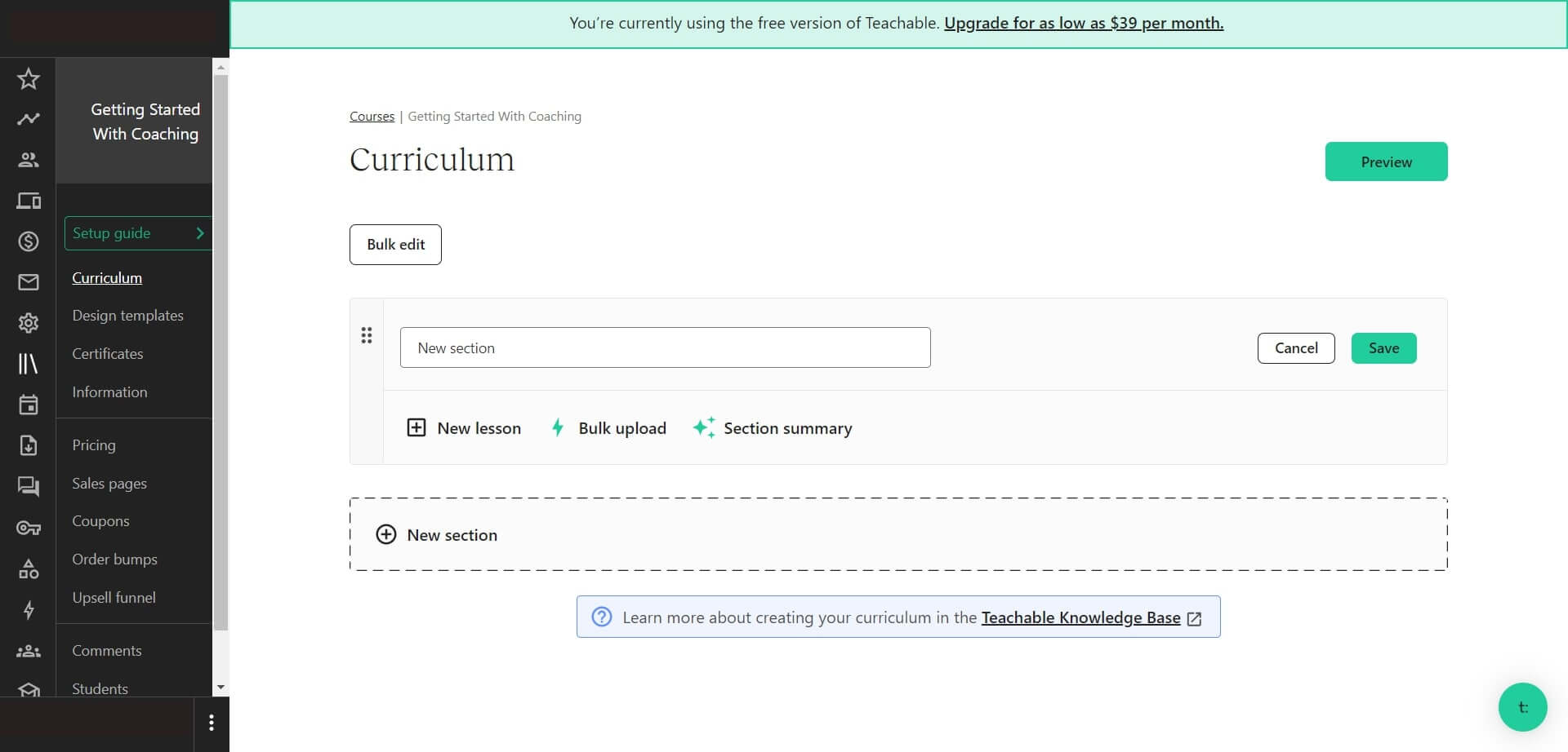 A screenshot showing Teachable's interface and user dashboard.