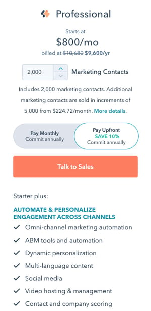 best pricing pages: hubspot marketing hub professional