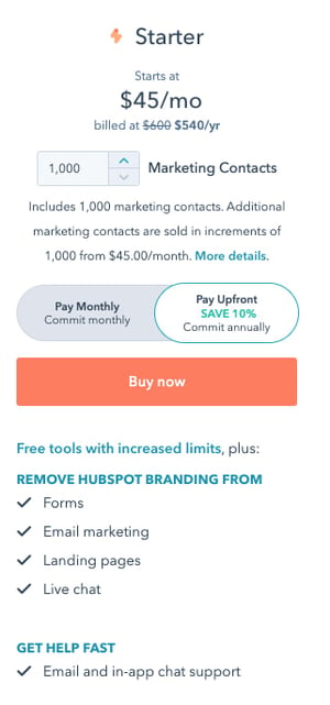 best pricing pages: hubspot marketing hub starter