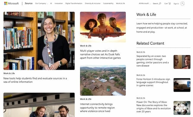 Blogs in websites design examples: Microsoft Work & Life
