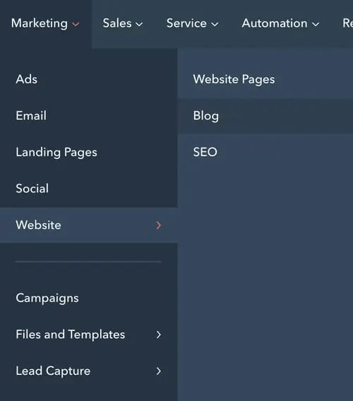 Blog and Website Pages buttons on the HubSpot CMS