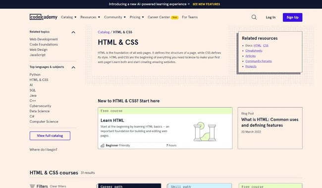 Image of Codecademy's web development course catalog 