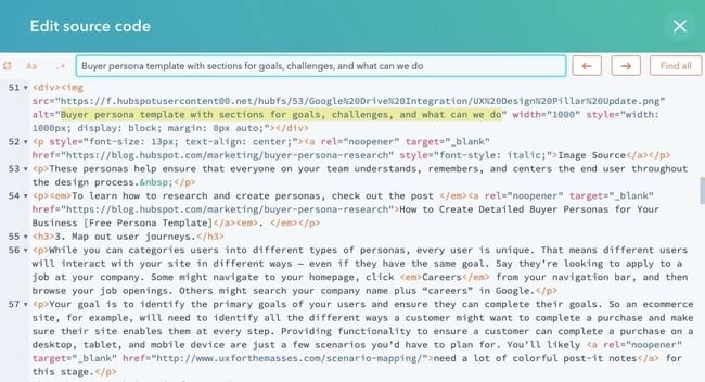 Image alt text tag highlighted in the HTML source code of a blog post in CMS Hub