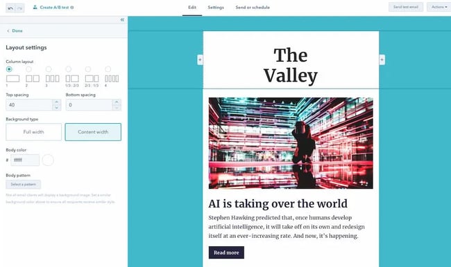  Screenshot of email template newsletter layout edits in HubSpot