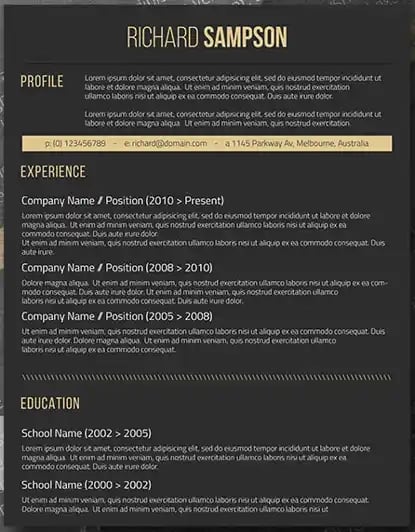 resume templates for word: Dark resume template with black background and yellow font